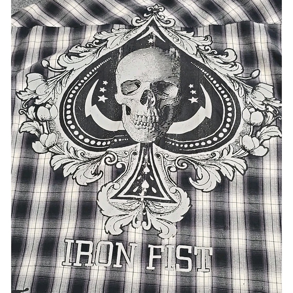 Iron Fist Long Sleeve Shirt Mens Large Fade Skull Logo Pearl Snap Plaid STAINED